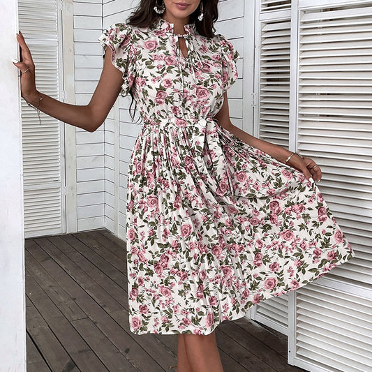 European And American Pleated Skirt Floral Ruffle Sleeve Lace-up Dress