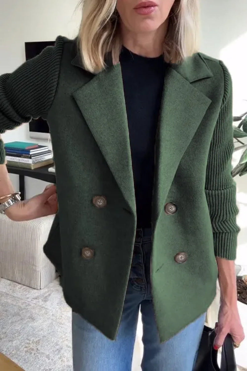 Double Breasted Lapel Jacket Fashion Knitted Sleeves Splicing Design Coat Outerwear Women's Clothing