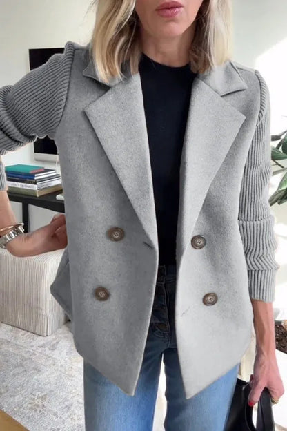 Double Breasted Lapel Jacket Fashion Knitted Sleeves Splicing Design Coat Outerwear Women's Clothing