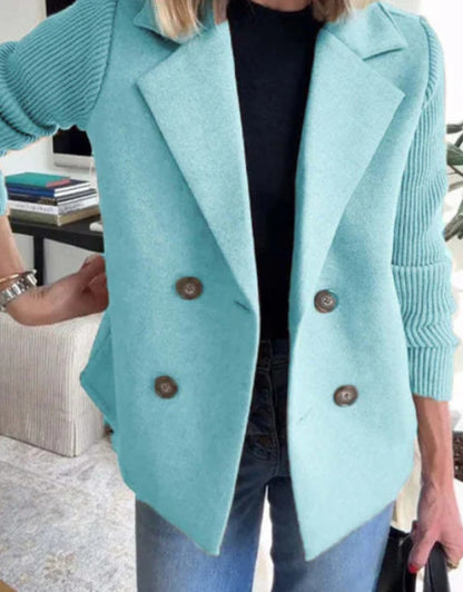 Double Breasted Lapel Jacket Fashion Knitted Sleeves Splicing Design Coat Outerwear Women's Clothing