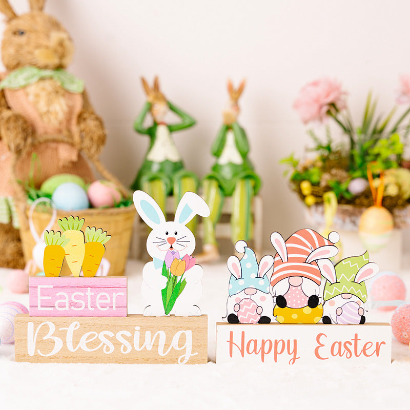 Easter Supplies Easter Rabbit Holding Flower Wooden Decoration